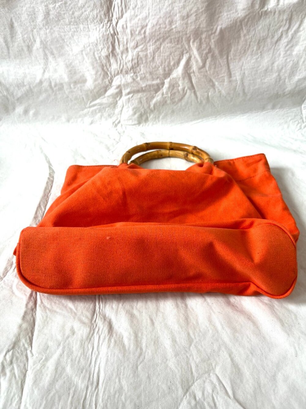 Bamboo bag orange canvas round handles beach summer lightweight handbag purse - Picture 2 of 10